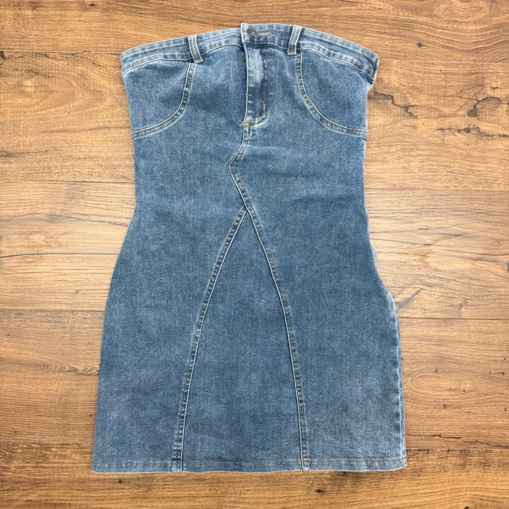 Pretty Garbage‎ Small Denim Strapless Mini Dress Western Cowgirl Bodycon Stretch